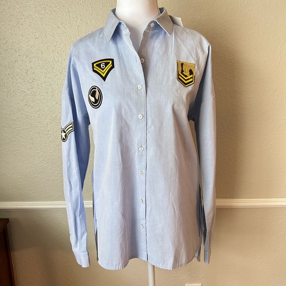 WHITE House Black Market Pinpoint Patch Shirt Blue Small Button Down - Picture 1 of 8